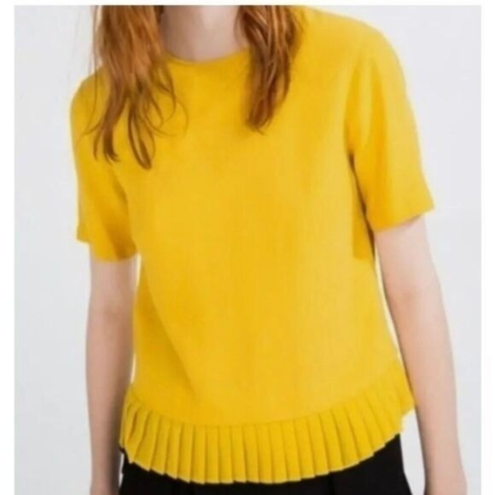 Zara Yellow Pleated Hem Top Short Sleeve Textured Crew Neck Blouse